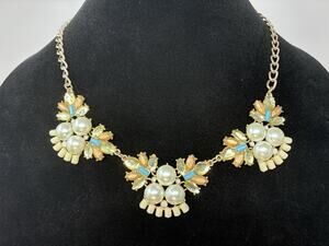 Vintage Statement Necklace Faux Pearl Rhinestone Turquoise Gold Tone Bib